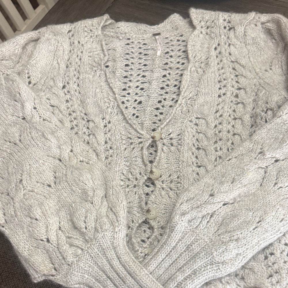 Free People Light Gray Cable Knit Button-Up Cardigan